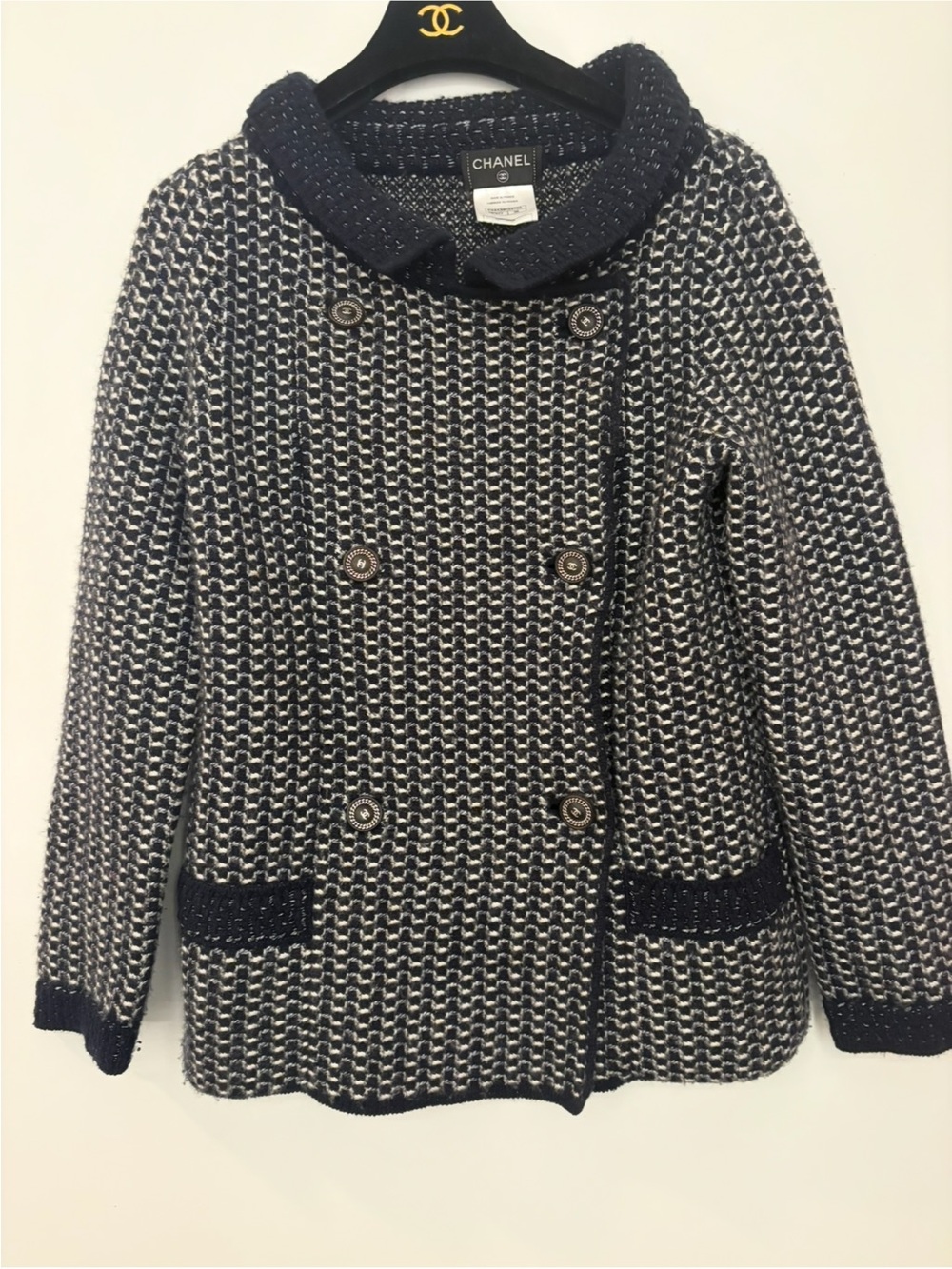 CHANEL Navy and Cream Cashmere Double-Breasted Pea Coat